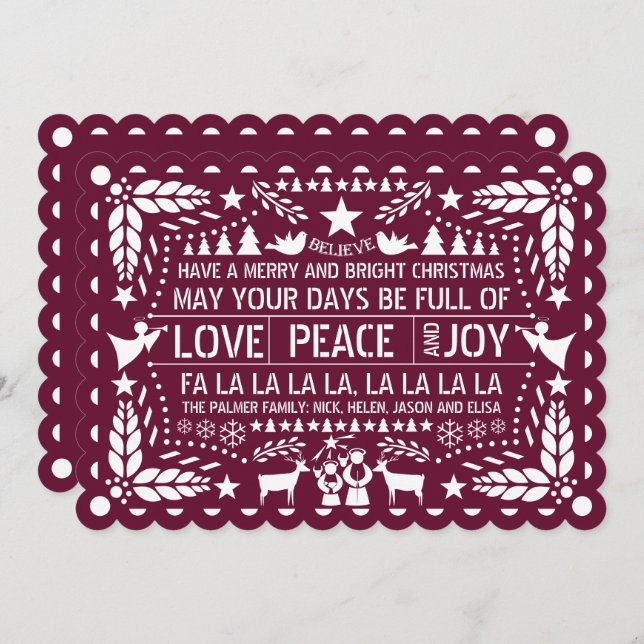 Burgundy Kärlek Peace Joy papel picado jul jul Julkort (Fram/baksida)