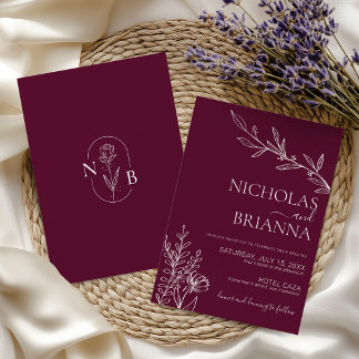 Burgundy Klassisk Minimalistisk Modern Boho Bröllo Inbjudningar