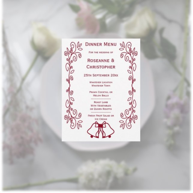 Burgundy Klockor Scrollwork Design Bröllop Meny (Burgundy wedding dinner menu bells and scrollwork design)