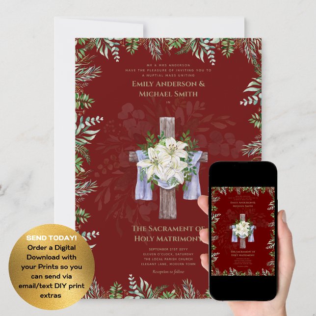 Burgundy Kor katolsk nuptial Mass Bröllop Inbjudningar (Skapare uppladdad)