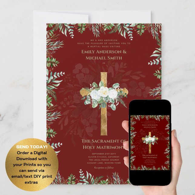 Burgundy Kor katolsk nuptial Mass Bröllop Inbjudningar (Skapare uppladdad)