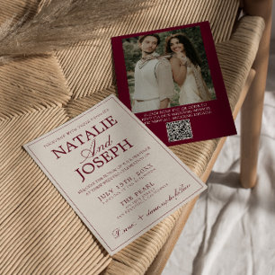 Burgundy Kräm Gammalt Pengar Foto QR-kod Bröllop Inbjudningar