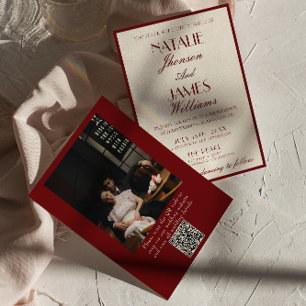 Burgundy Kräm Gammalt Pengar QR-kod Foto Bröllop Inbjudningar