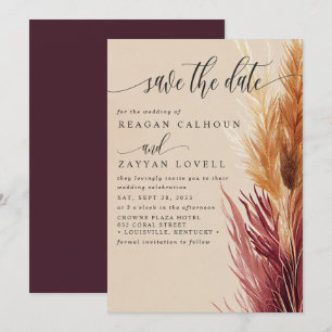Burgundy Kräm Modernt Pampasgräs Save The Date Inbjudningar