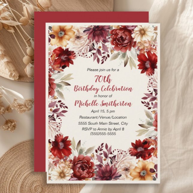 Burgundy Kräm Vattenfärg Blommig 75-årsdag Inbjudningar (Burgundy, rust, and cream-colored watercolor floral 70th birthday party invitation)