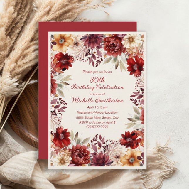 Burgundy Kräm Vattenfärg Blommig 80-årsdag Inbjudningar (Burgundy and cream floral 80th birthday party invitation)