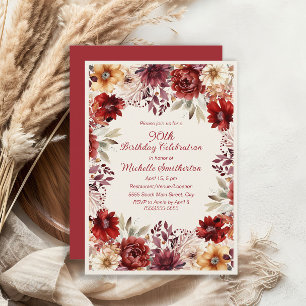 Burgundy Kräm Vattenfärg Blommig 90-årsdag Inbjudningar