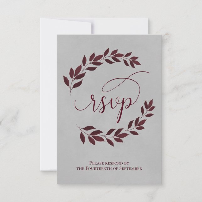 Burgundy Laurel Löv på Grått Elegant bröllop OSA Kort (Framsida)