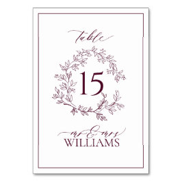 Burgundy Leafy Vapensköld Monogram Blommigt Bröllo Bordsnummer