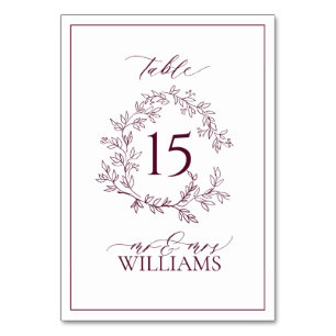 Burgundy Leafy Vapensköld Monogram Blommigt Bröllo Bordsnummer