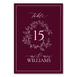 Burgundy Leafy Vapensköld Monogram Blommigt Bröllo Bordsnummer