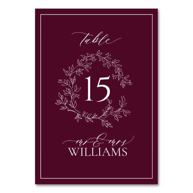 Burgundy Leafy Vapensköld Monogram Blommigt Bröllo Bordsnummer (Framsidan)