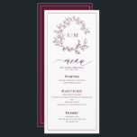 Burgundy Leafy Vapensköld Monogram Bröllop Menu Meny<br><div class="desc">Den underskattade elegansen möter tidlös design med denna Burgundy Monogram Bröllop Menu, designad för par som uppskattar förfinad enkelhet. Den här menyn har en delikat handdragen vapensköld och ett flytande skript och kompletterar perfekt en sofistikerad matta från bröllop - perfekt för vinodlingar, intima trädgårdsaffärer eller storslagna firande. Designad för sömlös...</div>