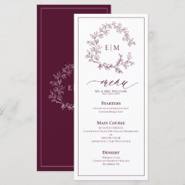 Burgundy Leafy Vapensköld Monogram Bröllop Menu Meny