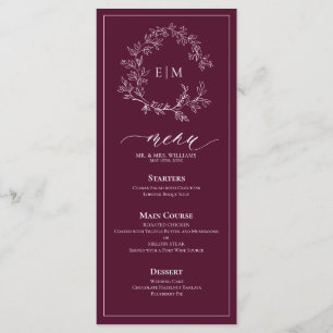 Burgundy Leafy Vapensköld Monogram Bröllop Menu Meny