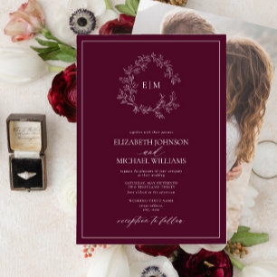Burgundy Leafy Vapensköld Monogram Photo Bröllop Inbjudningar
