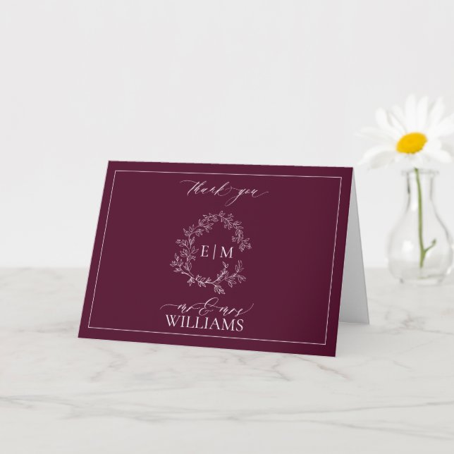 Burgundy Leafy Vapensköld Monogram Photo Tack Kort (Liten växt)