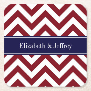 Burgundy Lg Chevron Navy Blue Namn Monogram Underlägg Papper Kvadrat