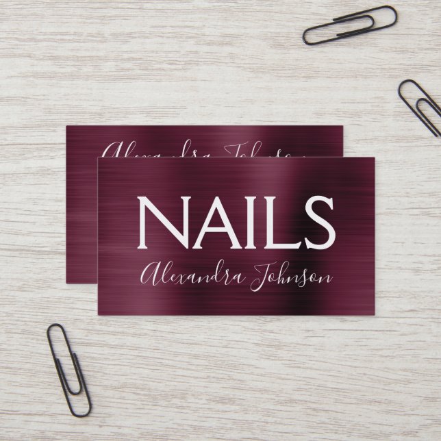 Burgundy Lila Brushed Metall Nail Salon Visitkort (Fram/Back In Situ)