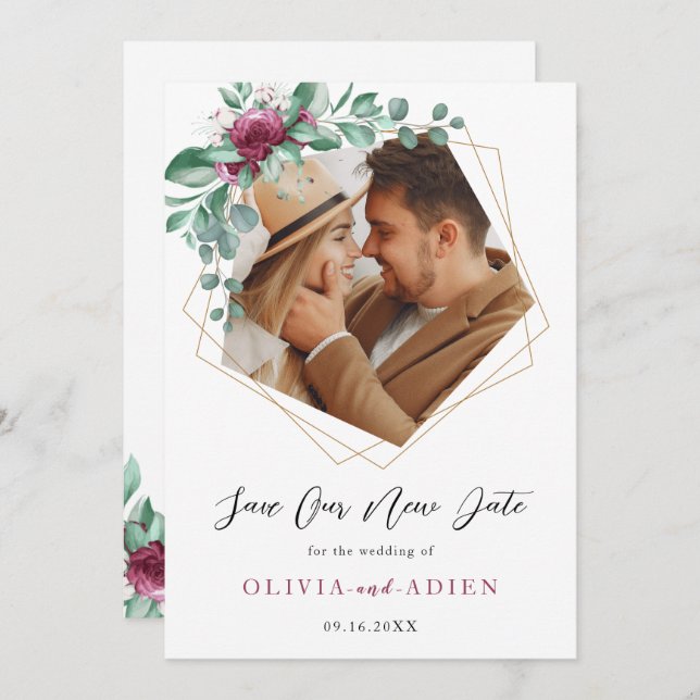 Burgundy Lila Elfenben Blommig Geometrisk Foto Spara Datumet (Fram/baksida)