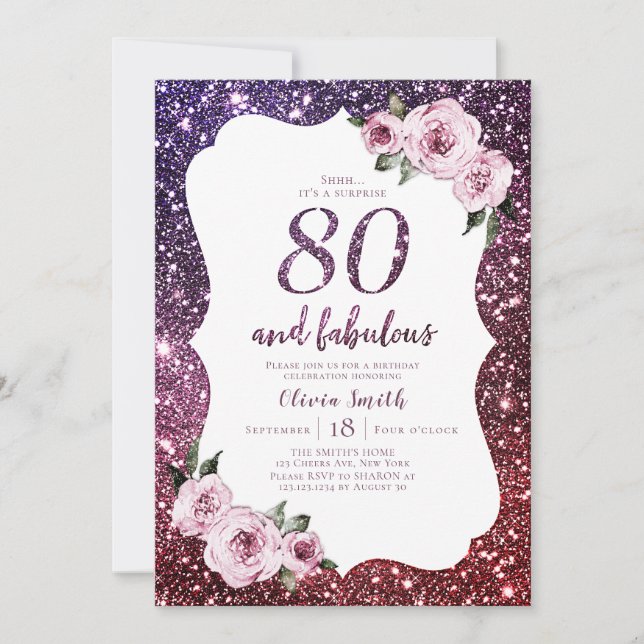 Burgundy lila glitter och blommigt 80-årsdagen inbjudningar (Framsida)