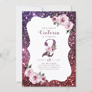 Burgundy lila glitter och blommigt Andra födelseda Inbjudningar