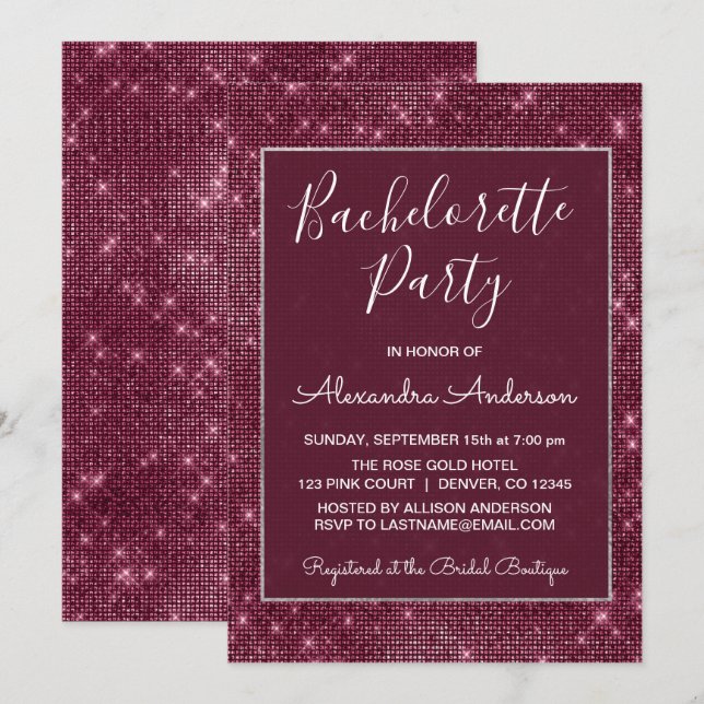 Burgundy Lila Gnistra Bachelorette Party Inbjudningar (Fram/baksida)