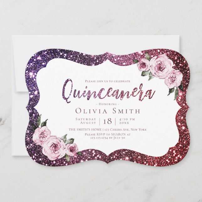 Burgundy lila gnistra glitter blommigt Quinceanera Inbjudningar (Framsida)