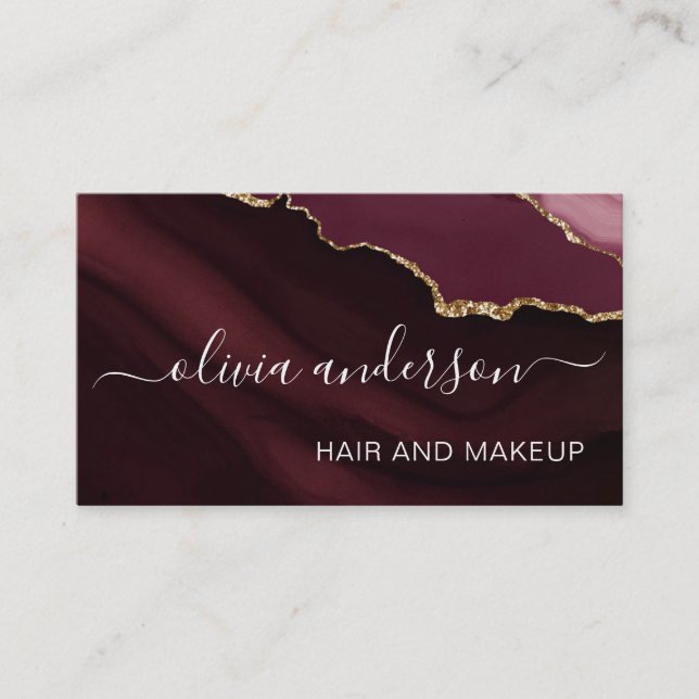 Burgundy Lila Guld Agate Geode Hair Makeup Salon Visitkort (Framsida)