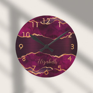 Burgundy lila guld agate marble namn rund klocka