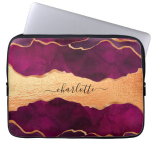 Burgundy lila guld agate marble ro guld namn laptop fodral