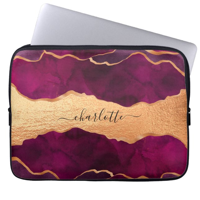 Burgundy lila guld agate marble ro guld namn laptop fodral (Framsidan)