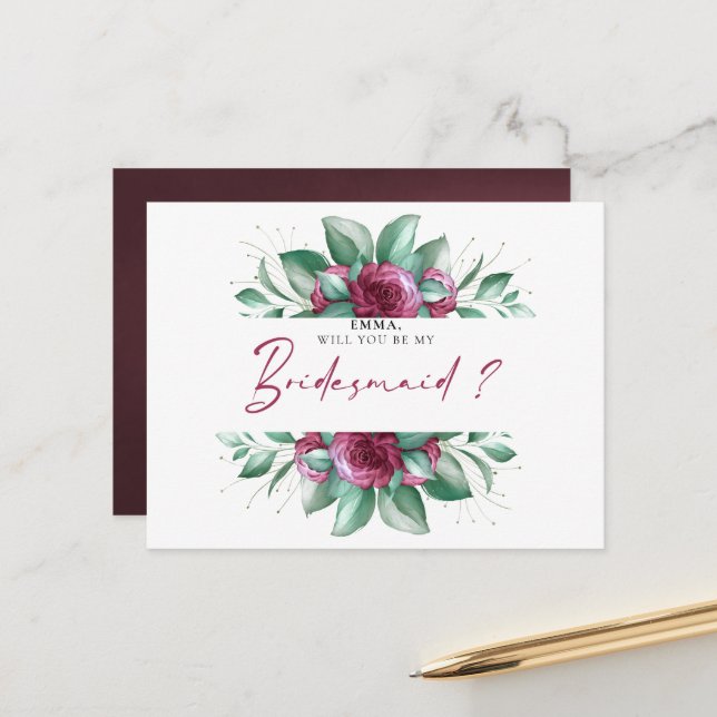 Burgundy Lila Ivory Blommigt Bridesmaid Postcard Vykort (Fram/Back In Situ)