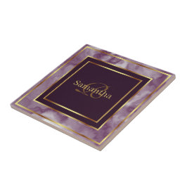 Burgundy Lila och Guld Geometric Marble Kakelplatta