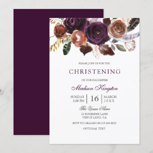 Burgundy Lila Plum Blommigt Christening Baptism Inbjudningar