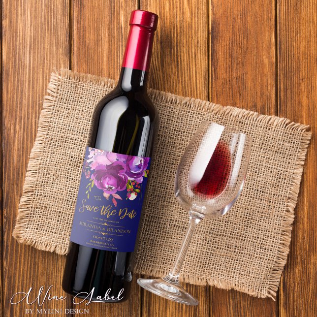 Burgundy Lila Red Guld Blommigt Spara datum Vinflaska Etikett (Skapare uppladdad)