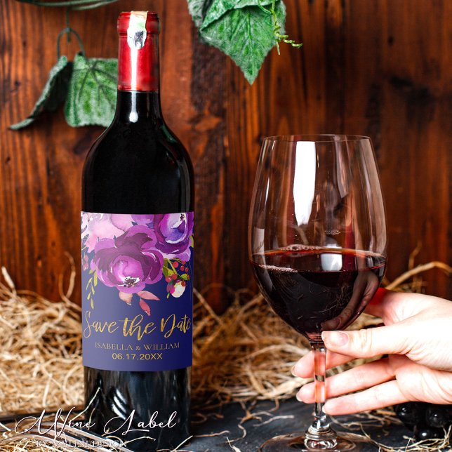 Burgundy Lila Red Guld Blommigt Spara datum Vinflaska Etikett (Skapare uppladdad)