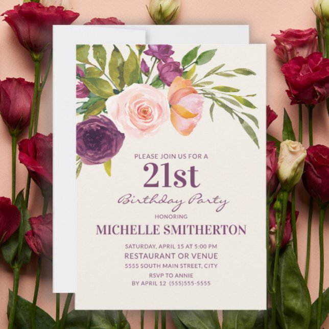 Burgundy Lila  Rosa Blommigt 21:a födelsedag Inbjudningar (Purple and blush pink watercolor floral on cream-colored 21st birthday party invitation)