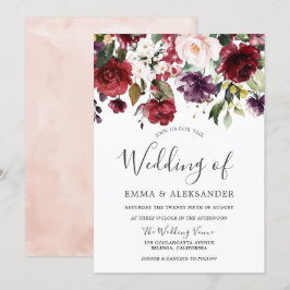  Burgundy Lila Watercolor Blommigt Bröllop Inbjudningar