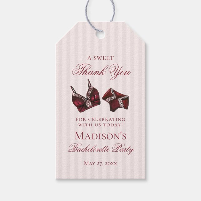 Burgundy Lingerie Shower Bachelorette Bridal Favor Presentetikett (Framsidan)