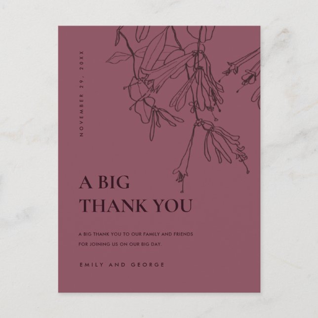 BURGUNDY LINJDRAGNING BLOMMOR VIGSEL TACK MEDDELANDE VYKORT (Framsida)