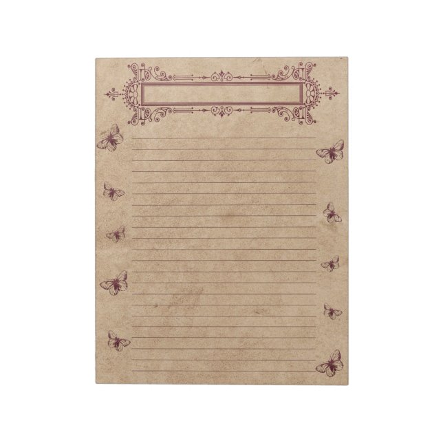 Burgundy Linjer Butterfly Gräns Rustic Parchment Anteckningsblock (Roterad)