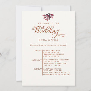 Burgundy Löv Elegant Fall Wedlung Itinerary Inbjudningar