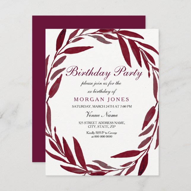 Burgundy Löv Vuxen Födelsedagsfest Inbjudan (Fram/baksida)