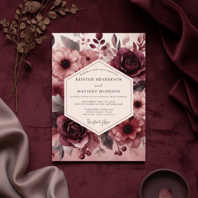 Burgundy Lush Bloom Romance Wedding Inbjudningar (Skapare uppladdad)