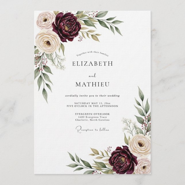 Burgundy Lush Bloom Wedding Inbjudningar (Framsida)