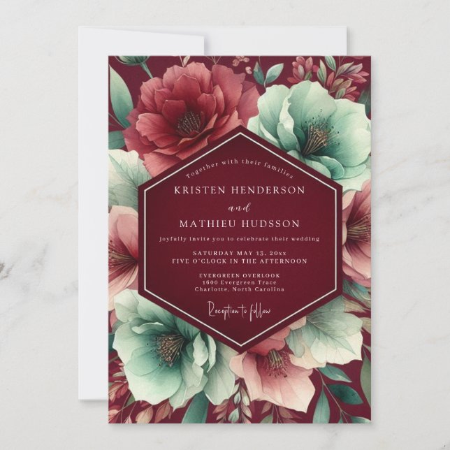 Burgundy Lush Botanical Wedding Inbjudningar (Framsida)