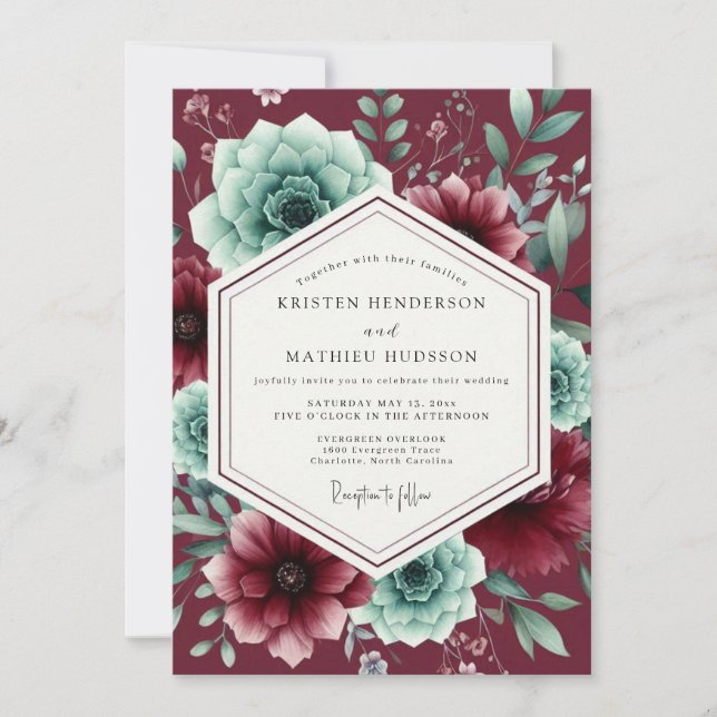 Burgundy Lush Succulent Wedding Inbjudningar (Framsida)