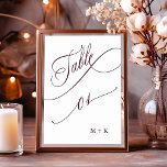 Burgundy Luxury Calligraphy Bröllop 1. Bordsnummer<br><div class="desc">Bord 1. Kontrollera alla tillgängliga nummer. | bordsnummer mellan lyx och elegant med bröllop och initialer. Om du vill ha en mer avancerad anpassning av den här designen klickar du på BLUE DESIGN VERKTYG ovan!</div>