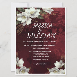 Burgundy & Magnolia Garden Floral Wedding Invitati Inbjudningar